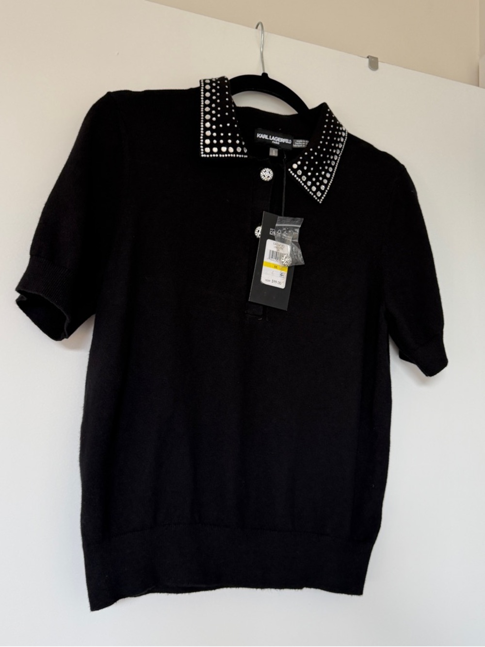 Karl Lagerfeld Black Short-Sleeve Polo with Studded Collar NWT - Picture 3 of 9